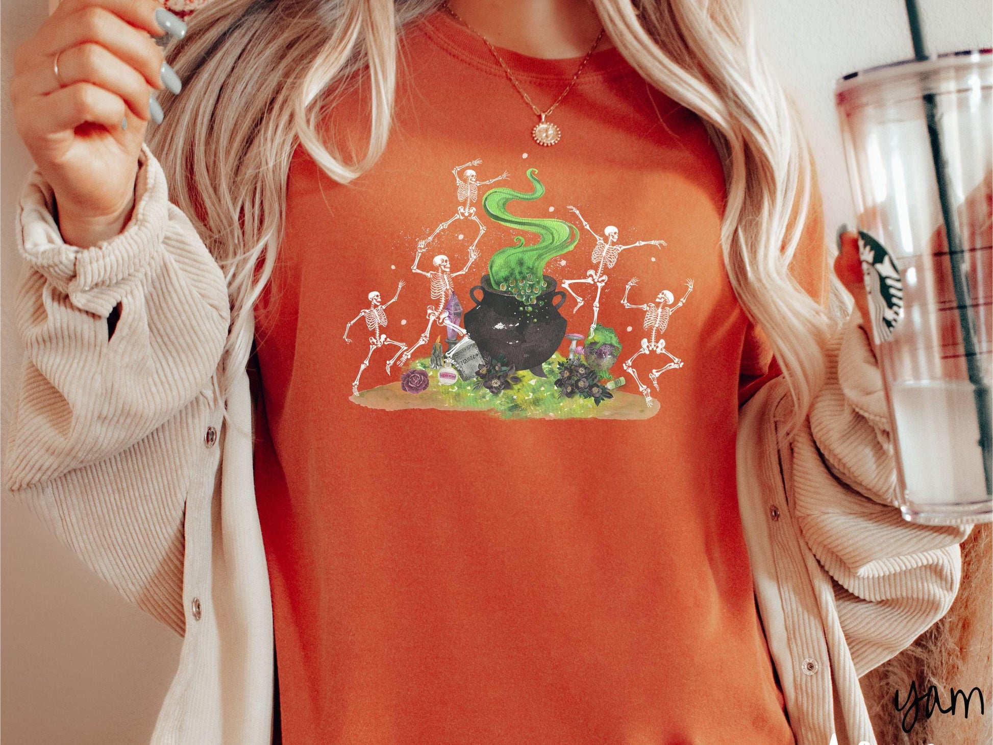 The Witchy Dancing Skeletons Comfort Colors Shirt, Witch Cauldron Potion Tee, Fall Leaves, Cute Spooky Tee, Spooky Fall Shirt