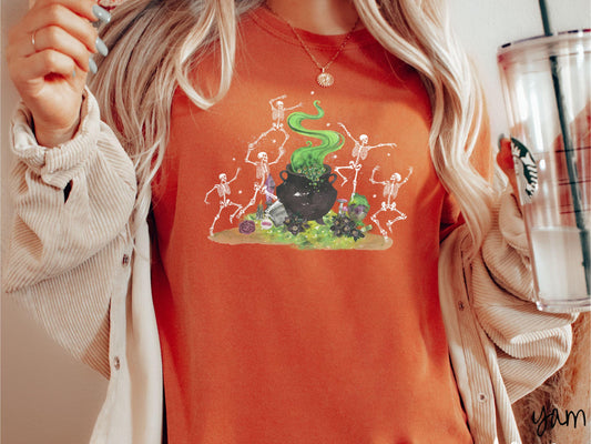 The Witchy Dancing Skeletons Comfort Colors Shirt, Witch Cauldron Potion Tee, Fall Leaves, Cute Spooky Tee, Spooky Fall Shirt