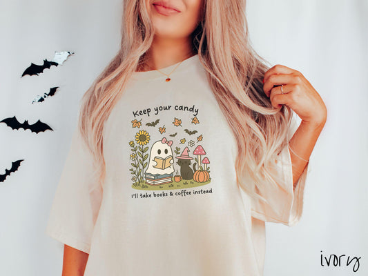 The Teacher Ghost Reading a Book with Cat Comfort Colors Shirt, Vintage Halloween Shirt, Cute Spooky Tee, Halloween Gift, Retro Halloween