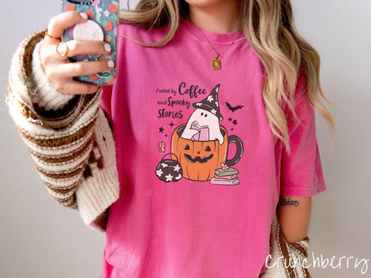 The Fueled by Coffee & Spooky Stories Comfort Colors Shirt, Vintage Halloween Shirt, Cute Spooky Tee, Halloween Gift, Retro Halloween