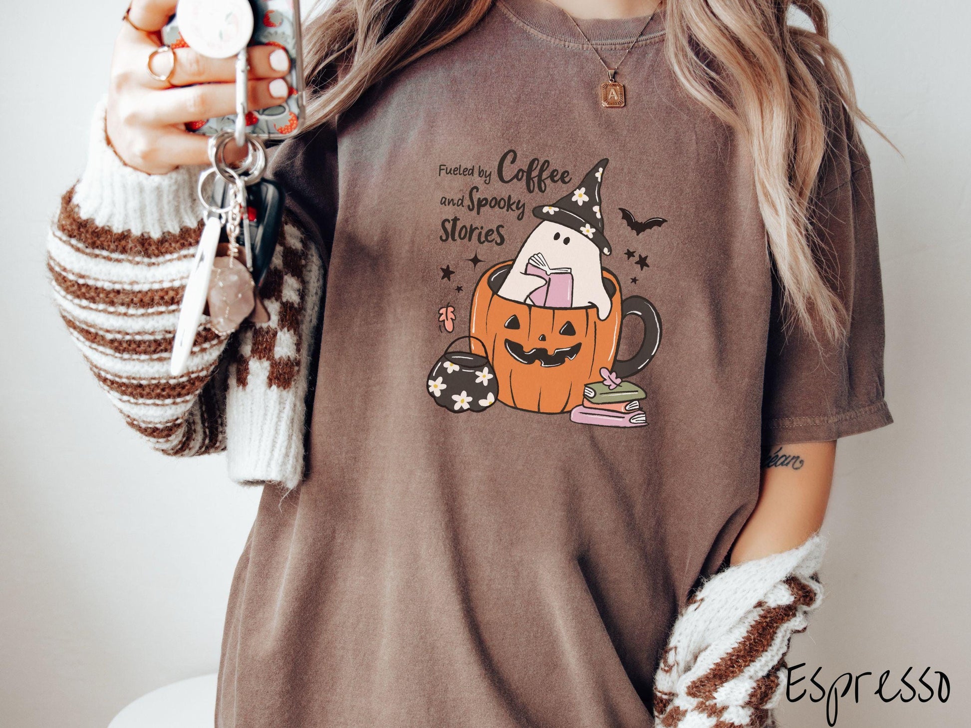 The Fueled by Coffee & Spooky Stories Comfort Colors Shirt, Vintage Halloween Shirt, Cute Spooky Tee, Halloween Gift, Retro Halloween