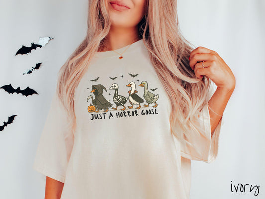 Just a Horror Goose Comfort Colors Shirt, Vintage Halloween Shirt, Cute Spooky Tee, Halloween Gift, Retro Halloween