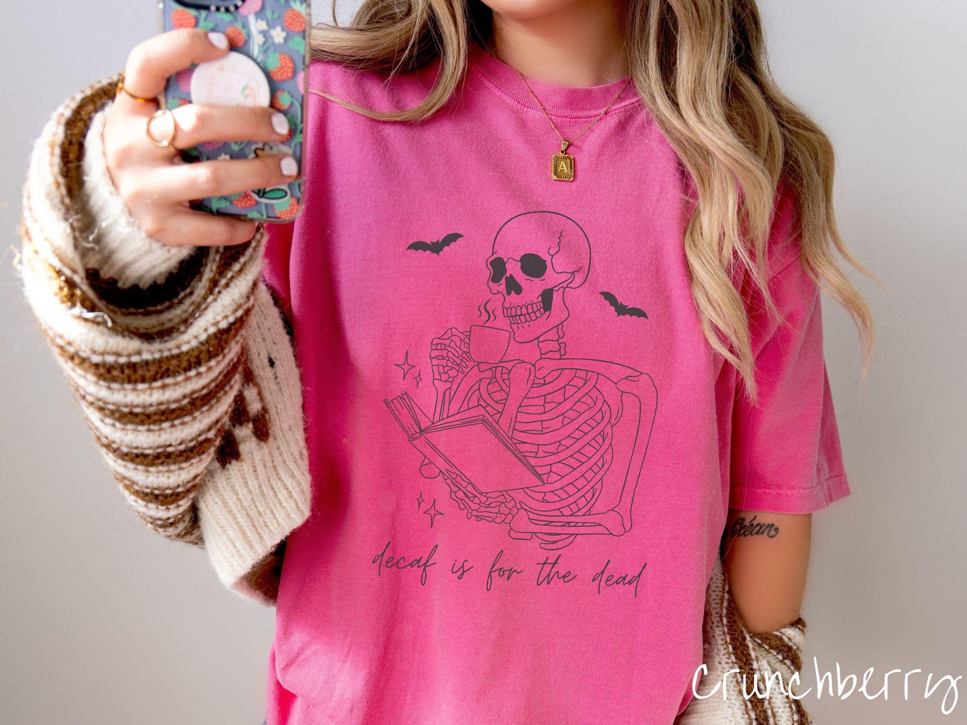 The Decaf is for the Dead Comfort Colors Shirt, Skeleton Book and Coffee Tee, Gothic Skeletons Shirt, Cute Spooky Tee, Halloween Gift