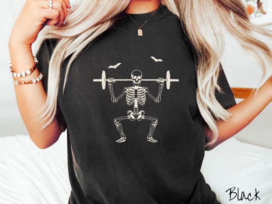 The Squatting Skeleton Comfort Colors Shirt, Skeleton Weight Lifting Tee, Gothic Skeletons Shirt, Cute Spooky Tee, Halloween Gift