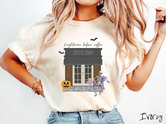 The Nightmare Before Coffee Comfort Colors Shirt, Skeleton Coffee Shop Tee, Gothic Skeletons Shirt, Cute Spooky Tee, Halloween Gift