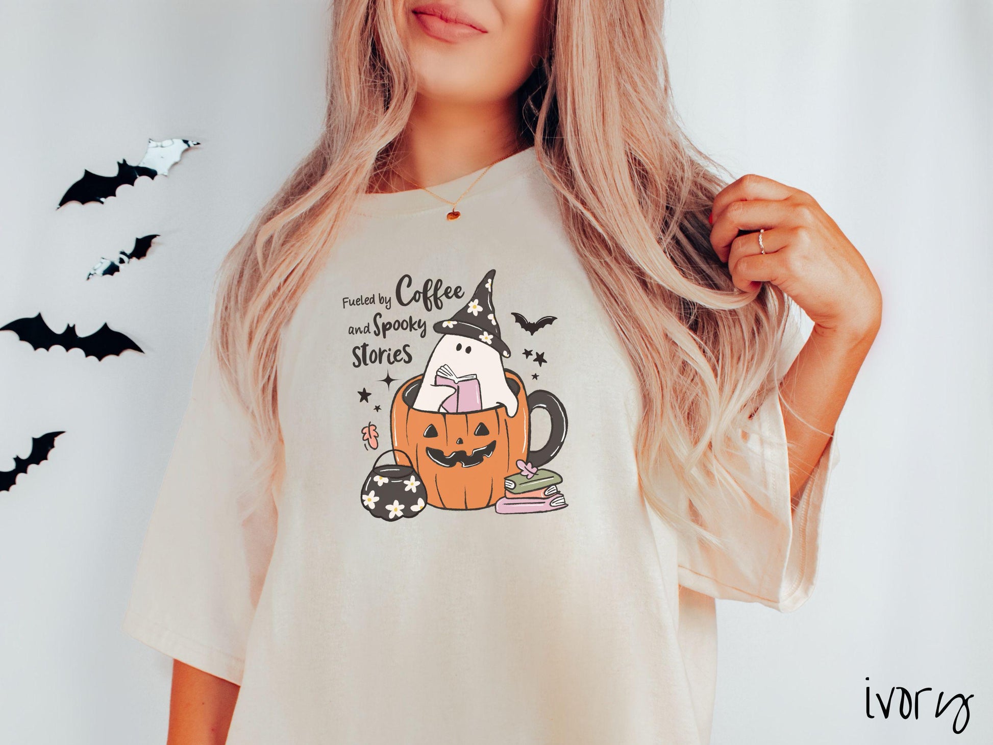 The Fueled by Coffee & Spooky Stories Comfort Colors Shirt, Vintage Halloween Shirt, Cute Spooky Tee, Halloween Gift, Retro Halloween