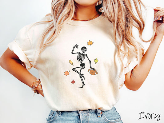The Football Skeleton Comfort Colors Shirt, Gameday Football Tee, Spooky Football Autumn Shirt, Fall Leaves Skeleton, Halloween Football