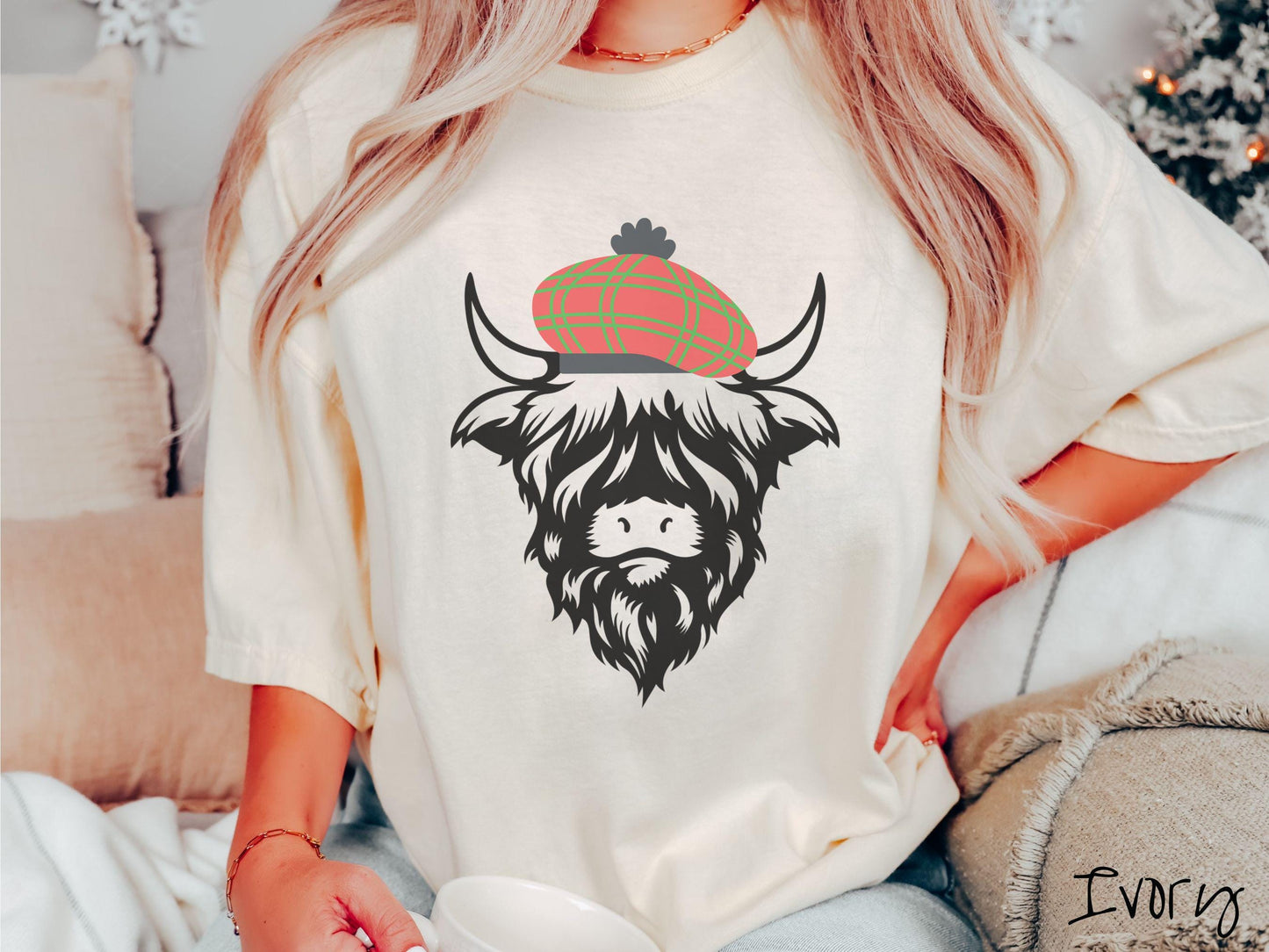 Comfort Colors Shirt, Christmas Highlander Cow Shirt, Scottish Christmas Shirt, Christmas Tartan, Cow Lover Gift, Wool Tam Christmas Shirt