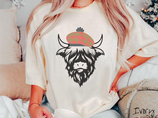 Comfort Colors Shirt, Christmas Highlander Cow Shirt, Scottish Christmas Shirt, Christmas Tartan, Cow Lover Gift, Wool Tam Christmas Shirt