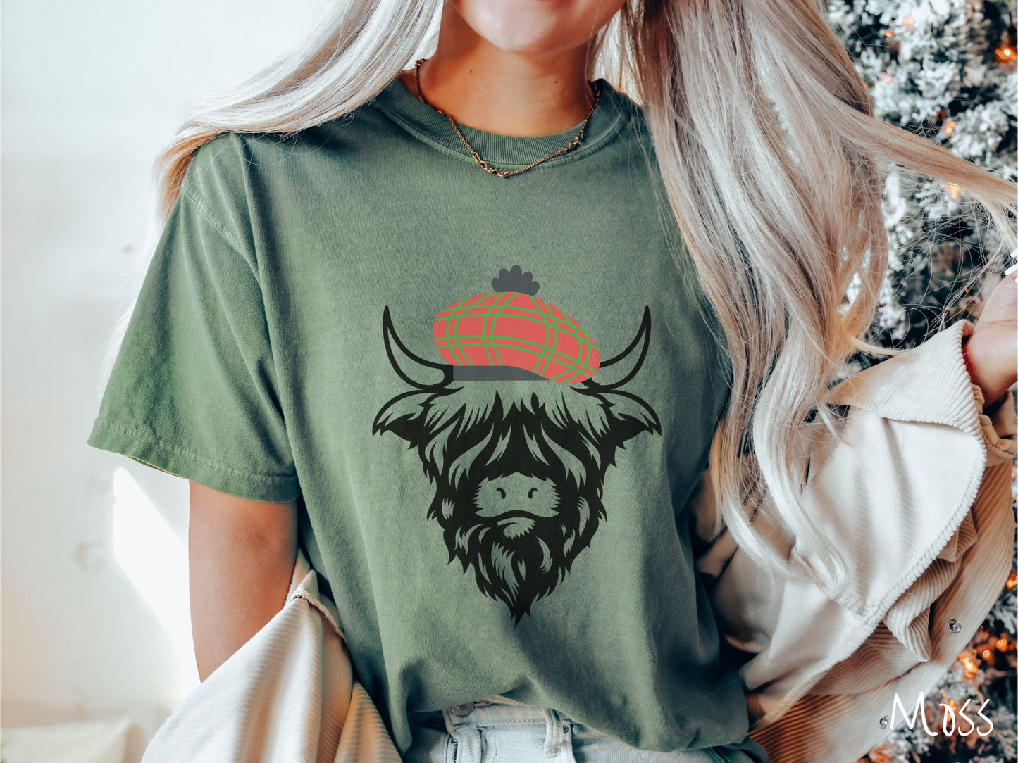 Comfort Colors Shirt, Christmas Highlander Cow Shirt, Scottish Christmas Shirt, Christmas Tartan, Cow Lover Gift, Wool Tam Christmas Shirt