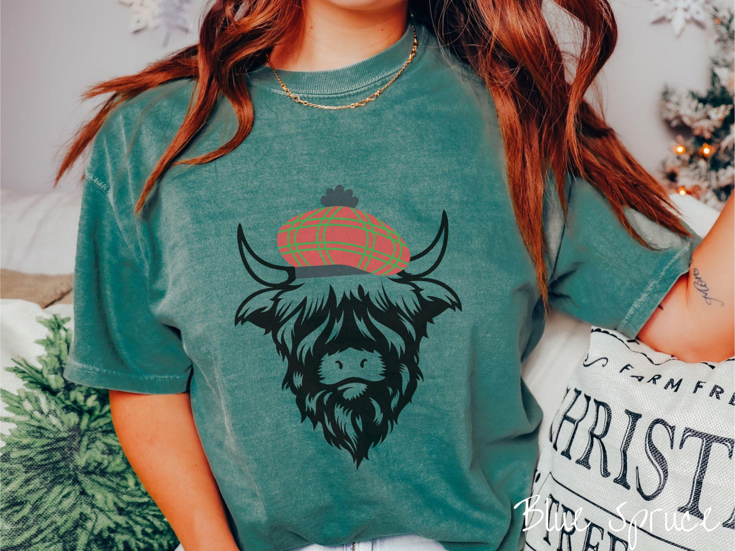 Comfort Colors Shirt, Christmas Highlander Cow Shirt, Scottish Christmas Shirt, Christmas Tartan, Cow Lover Gift, Wool Tam Christmas Shirt