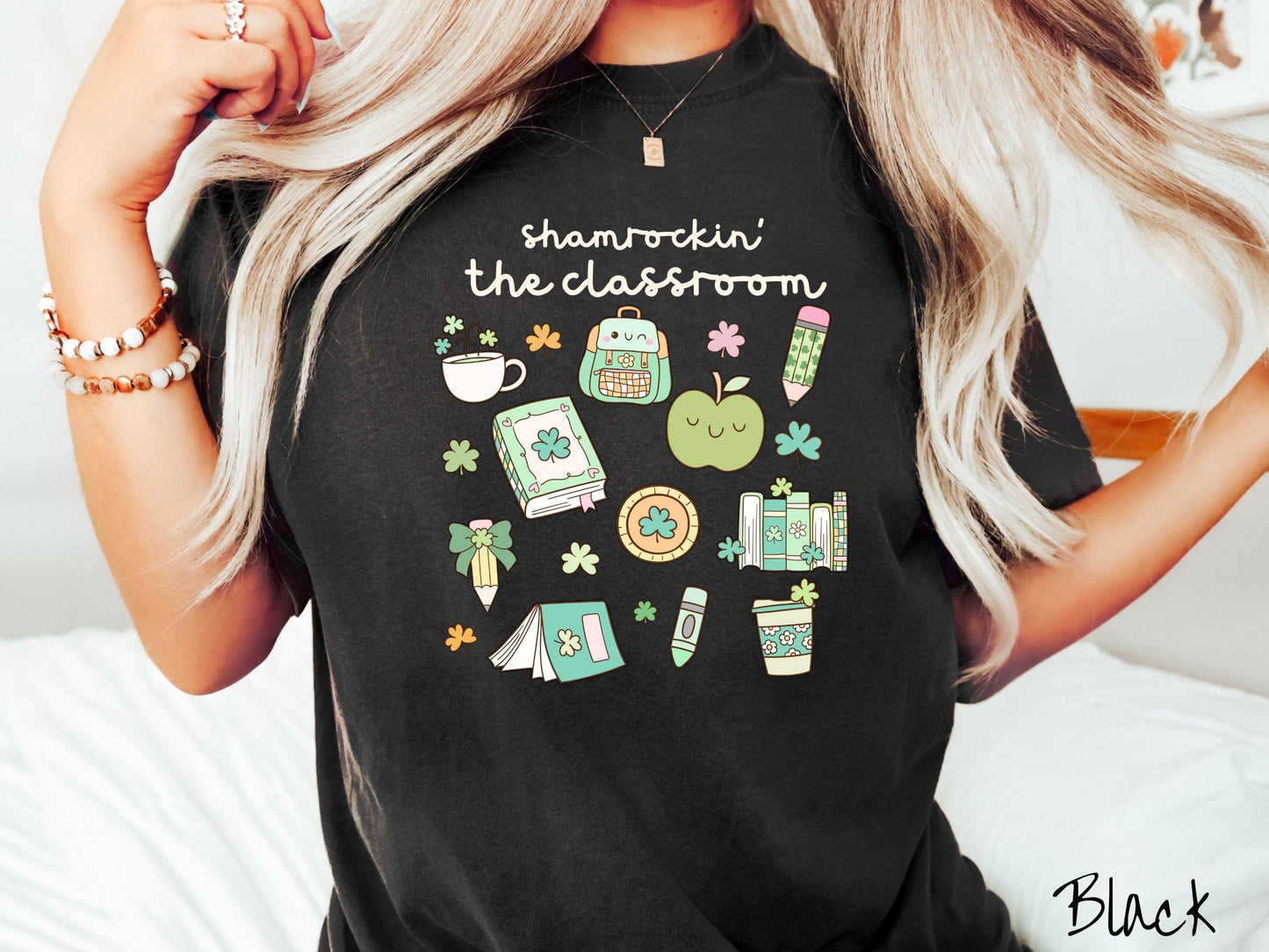 Colorful St Patricks Day Teacher Shirt, Fun Lucky Teacher Shamrock Tee, Classroom Holiday Shirt for Educators, Grid Style