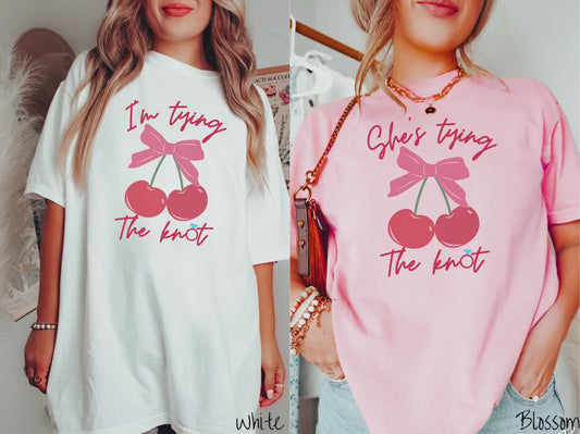 The Tying the Knot Bridal Shower Comfort Colors Shirts, Gift These Cherry Bow Bach Party Group Tees to your Bridesmaids!