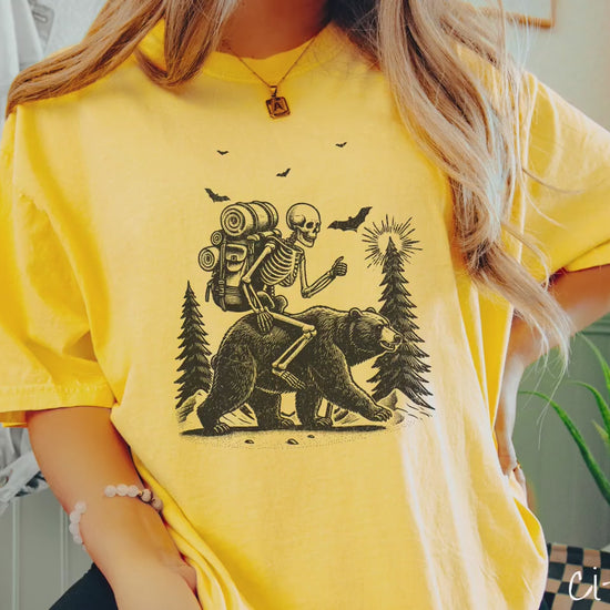 The Backpacking, Bear-Riding Skeleton Comfort Colors Shirt, Gift This Spooky Camper Tee-Shirt to the Fearless Outdoorsman in Your Life!