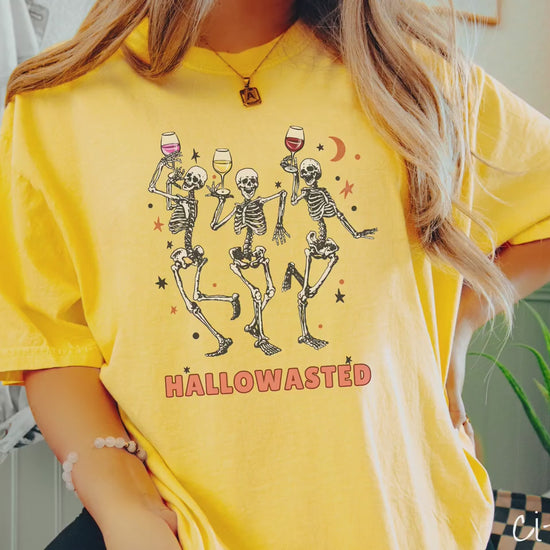 The Hallowasted Drinking Friends Comfort Colors Shirt, Gift This Dancing Skeletons Tee to Your Wine Loving Friends This Halloween!