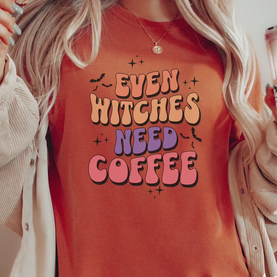 The Even Witches Need Coffee Comfort Colors Shirt, Gift This Halloween Coffee Ghostly Tee to Your Caffeinated Friends!