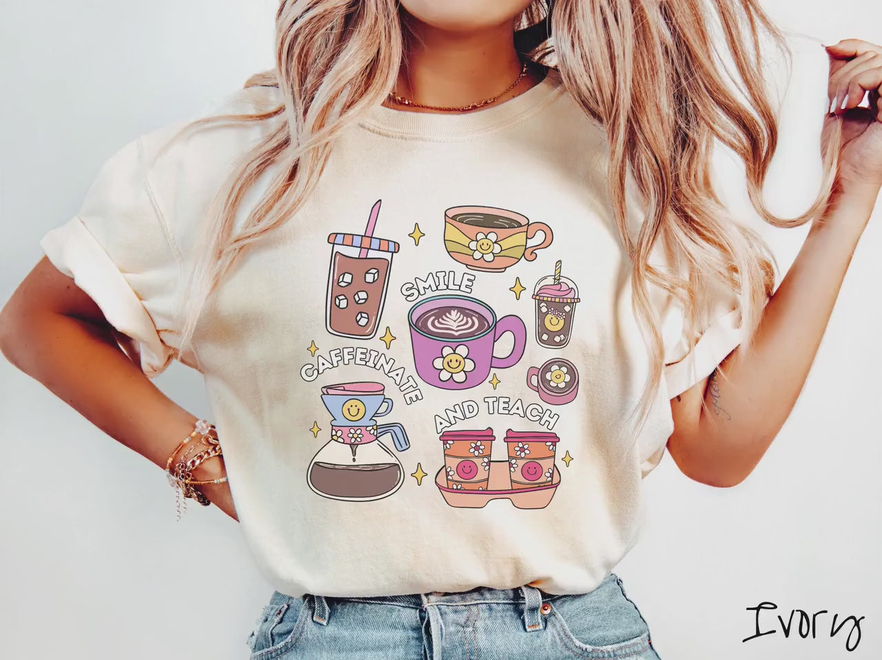 The Smile Caffeinate and Teach Comfort Colors Shirt, Gift This Coffee-Loving Teacher Tee-shirt to Your Favorite Educator or Student!
